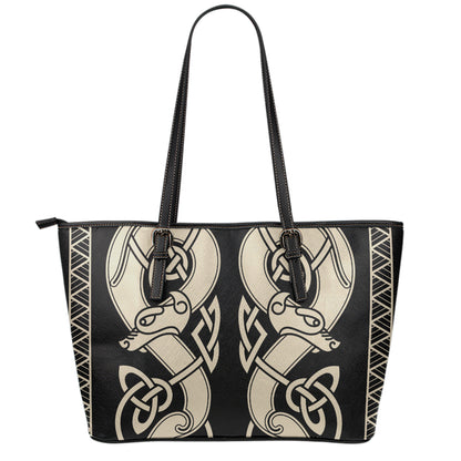 Viking Wolves Symbol Print Leather Tote Bag
