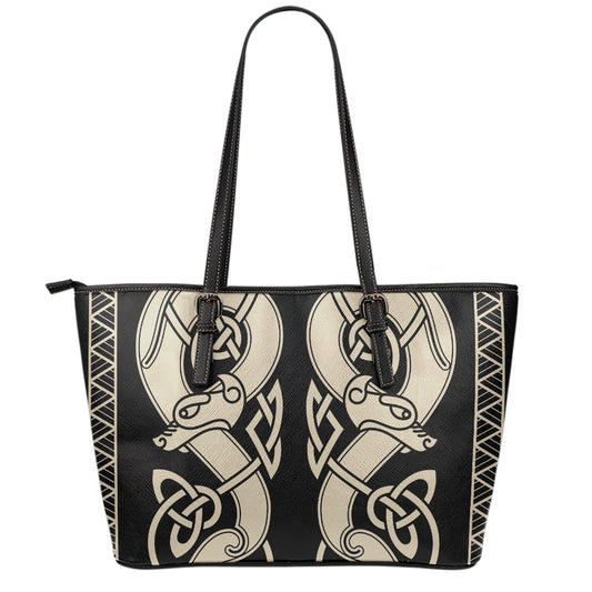 Viking Wolves Symbol Print Leather Tote Bag