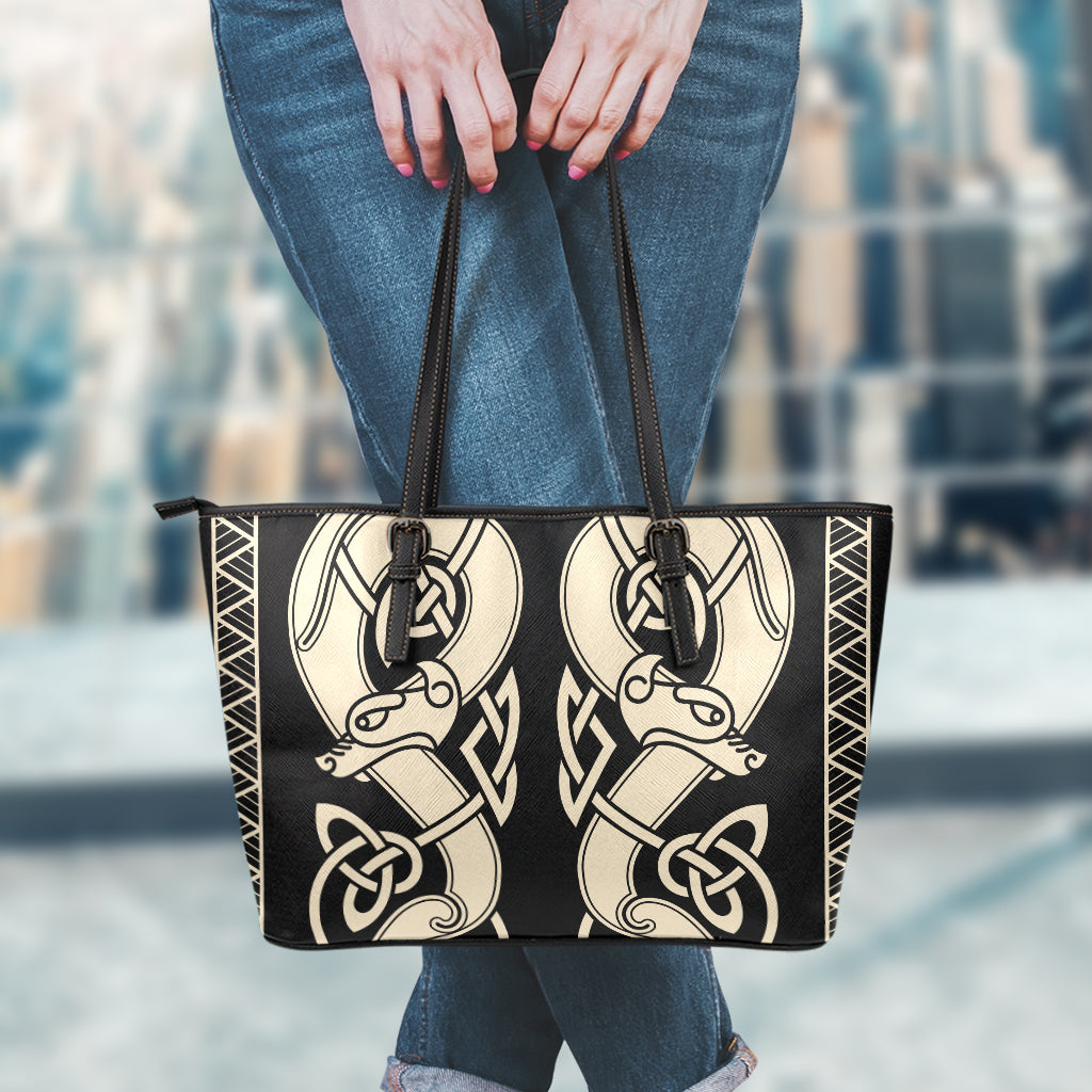 Viking Wolves Symbol Print Leather Tote Bag