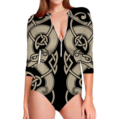 Viking Wolves Symbol Print Long Sleeve Swimsuit