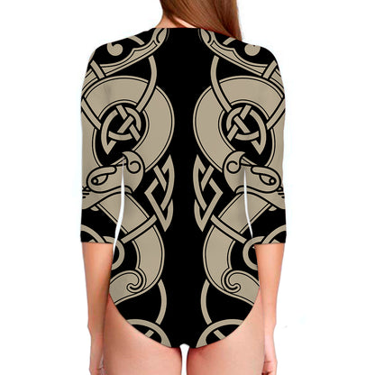 Viking Wolves Symbol Print Long Sleeve Swimsuit