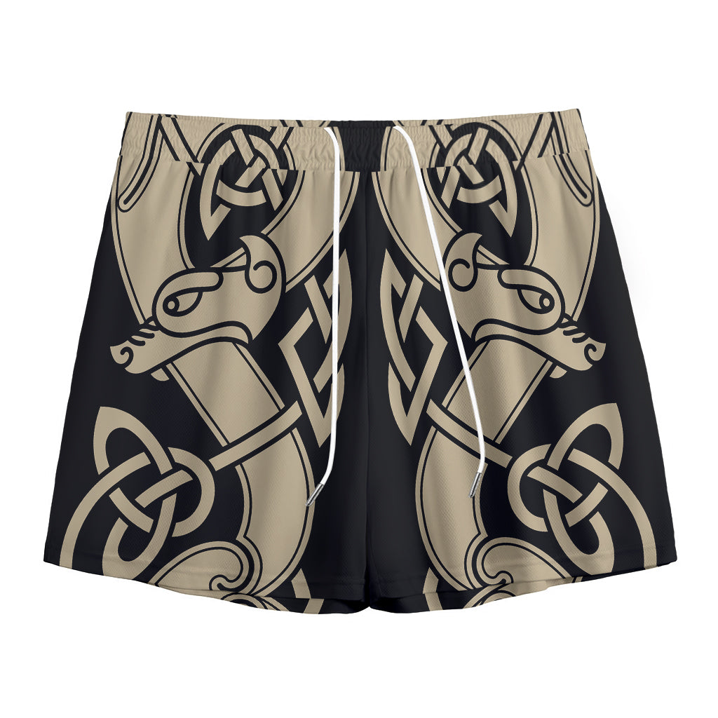 Viking Wolves Symbol Print Mesh Shorts