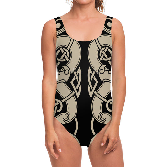 Viking Wolves Symbol Print One Piece Swimsuit