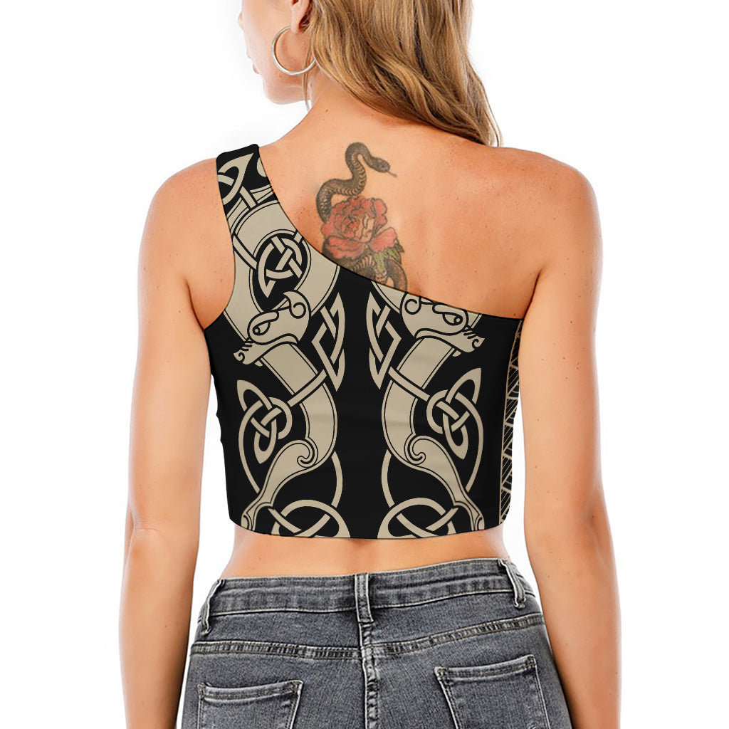 Viking Wolves Symbol Print One Shoulder Crop Top