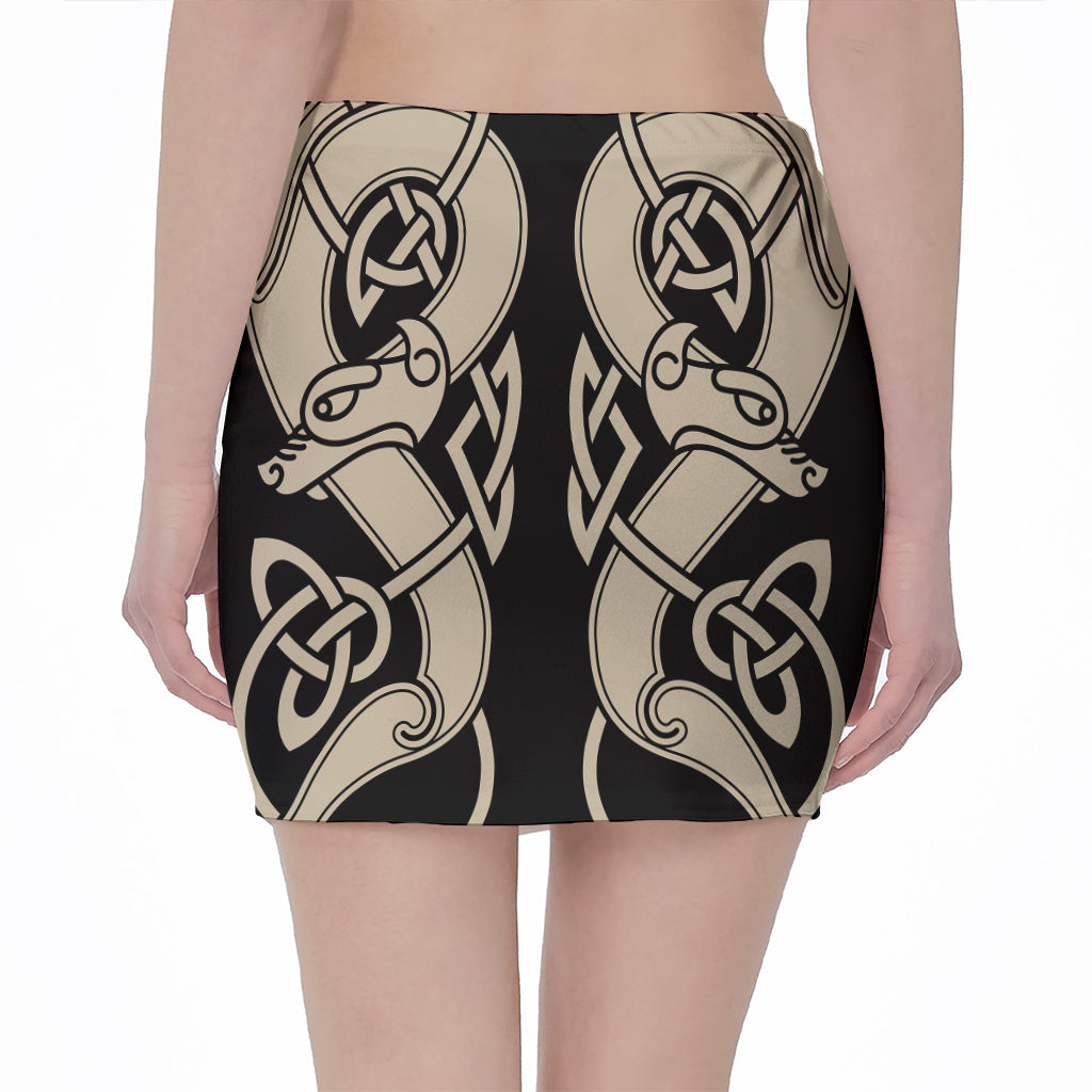 Viking Wolves Symbol Print Pencil Mini Skirt