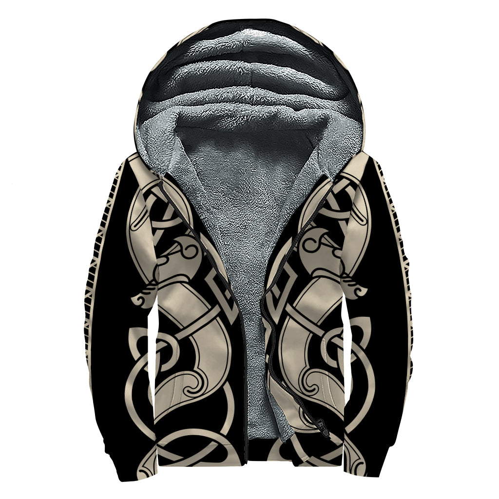 Viking Wolves Symbol Print Sherpa Lined Zip Up Hoodie