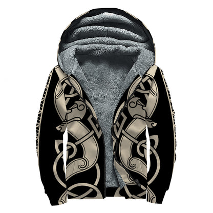 Viking Wolves Symbol Print Sherpa Lined Zip Up Hoodie
