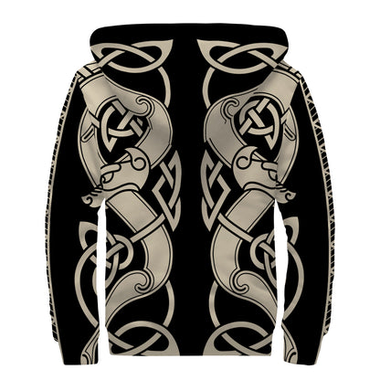Viking Wolves Symbol Print Sherpa Lined Zip Up Hoodie