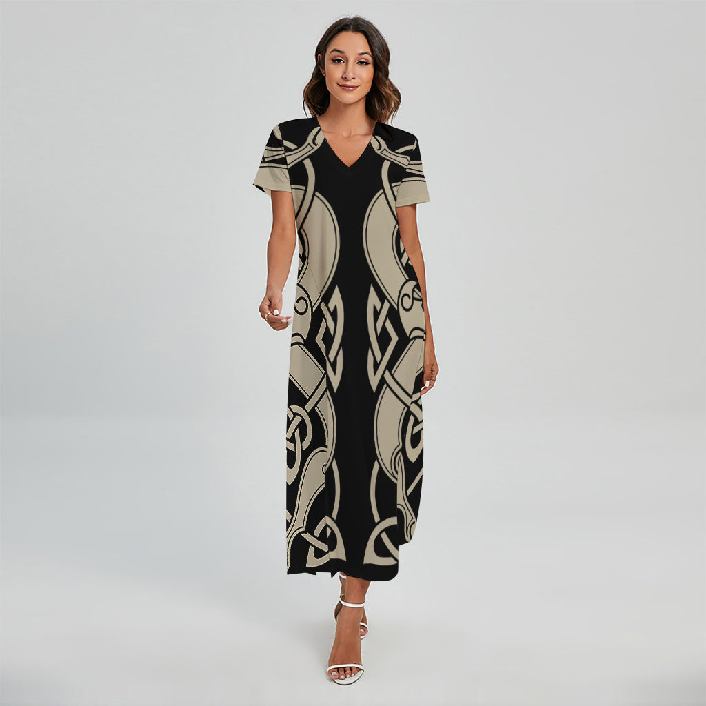 Viking Wolves Symbol Print Short Sleeve Maxi Dress