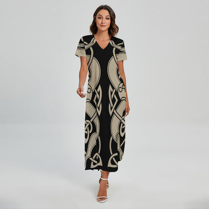 Viking Wolves Symbol Print Short Sleeve Maxi Dress