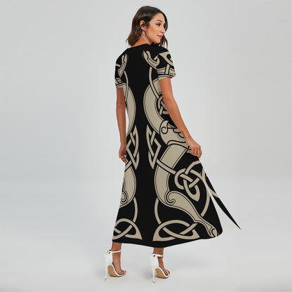 Viking Wolves Symbol Print Short Sleeve Maxi Dress