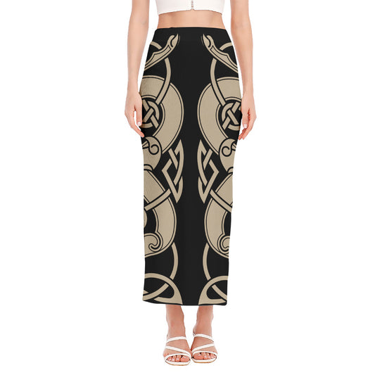 Viking Wolves Symbol Print Side Slit Maxi Skirt