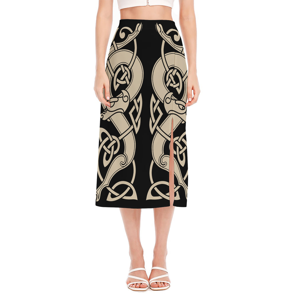 Viking Wolves Symbol Print Side Slit Midi Skirt