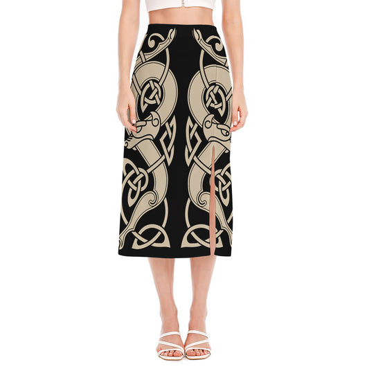 Viking Wolves Symbol Print Side Slit Midi Skirt