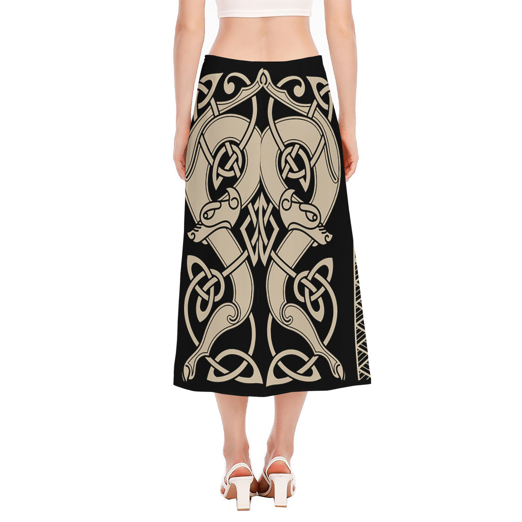 Viking Wolves Symbol Print Side Slit Midi Skirt