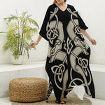 Viking Wolves Symbol Print Silk V-Neck Kaftan Dress