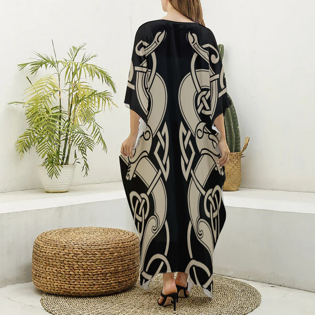 Viking Wolves Symbol Print Silk V-Neck Kaftan Dress