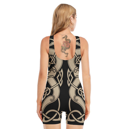 Viking Wolves Symbol Print Sleeveless One Piece Swimsuit