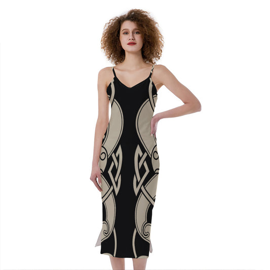Viking Wolves Symbol Print Slim Fit Midi Cami Dress