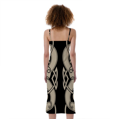 Viking Wolves Symbol Print Slim Fit Midi Cami Dress