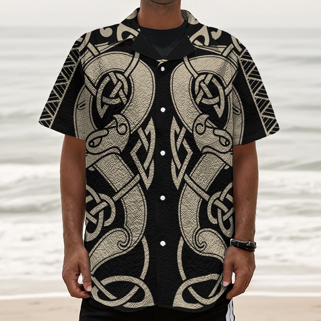 Viking Wolves Symbol Print Textured Short Sleeve Shirt