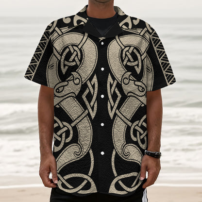 Viking Wolves Symbol Print Textured Short Sleeve Shirt