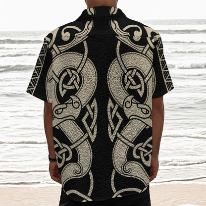 Viking Wolves Symbol Print Textured Short Sleeve Shirt