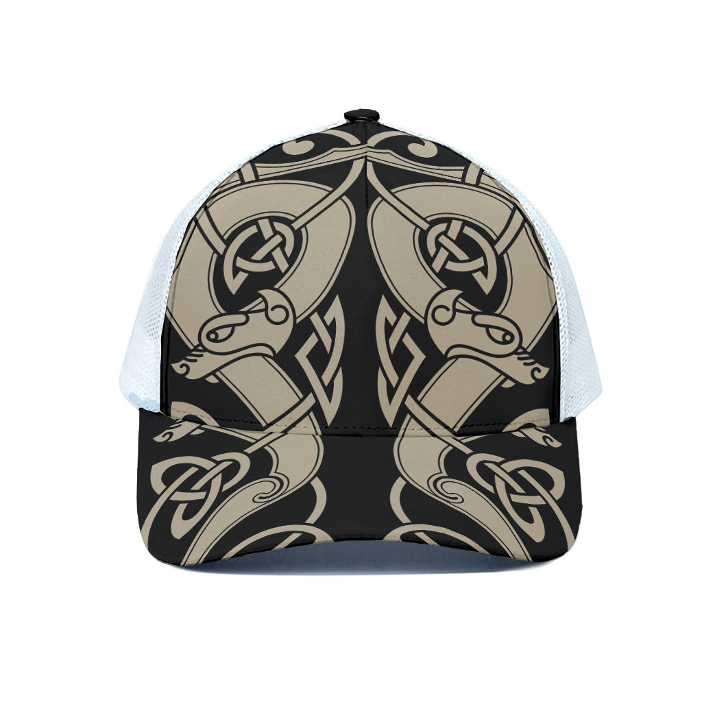 Viking Wolves Symbol Print White Mesh Trucker Cap