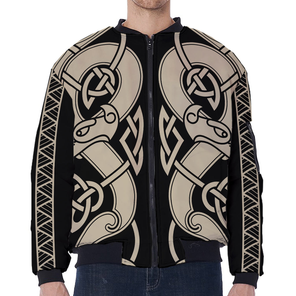 Viking Wolves Symbol Print Zip Sleeve Bomber Jacket