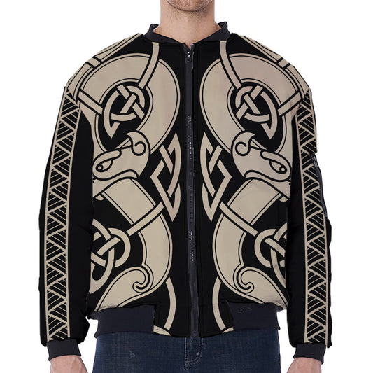Viking Wolves Symbol Print Zip Sleeve Bomber Jacket