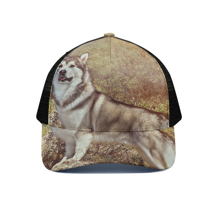 Vintage Alaskan Malamute Print Black Mesh Trucker Cap