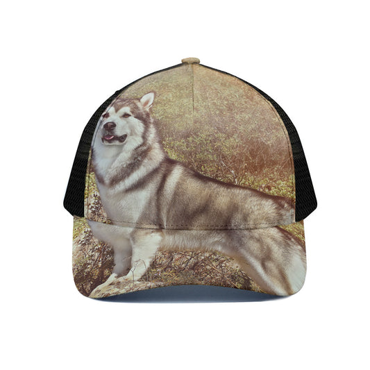 Vintage Alaskan Malamute Print Black Mesh Trucker Cap