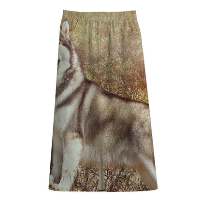 Vintage Alaskan Malamute Print Cotton Front Slit Maxi Skirt