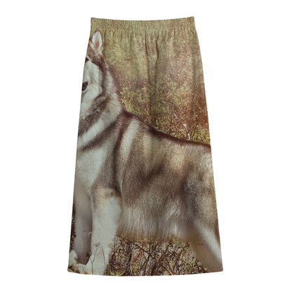Vintage Alaskan Malamute Print Cotton Front Slit Maxi Skirt