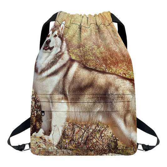 Vintage Alaskan Malamute Print Drawstring Backpack