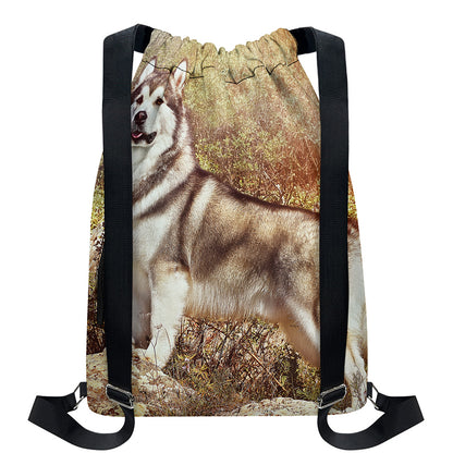 Vintage Alaskan Malamute Print Drawstring Backpack