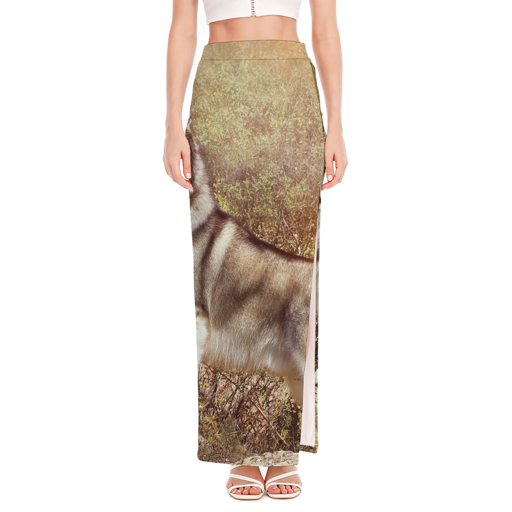 Vintage Alaskan Malamute Print High Slit Maxi Skirt