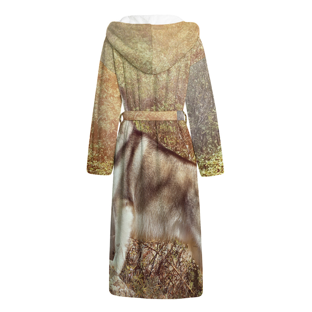 Vintage Alaskan Malamute Print Hooded Bathrobe