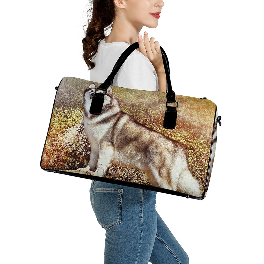 Vintage Alaskan Malamute Print Leather Duffle Bag