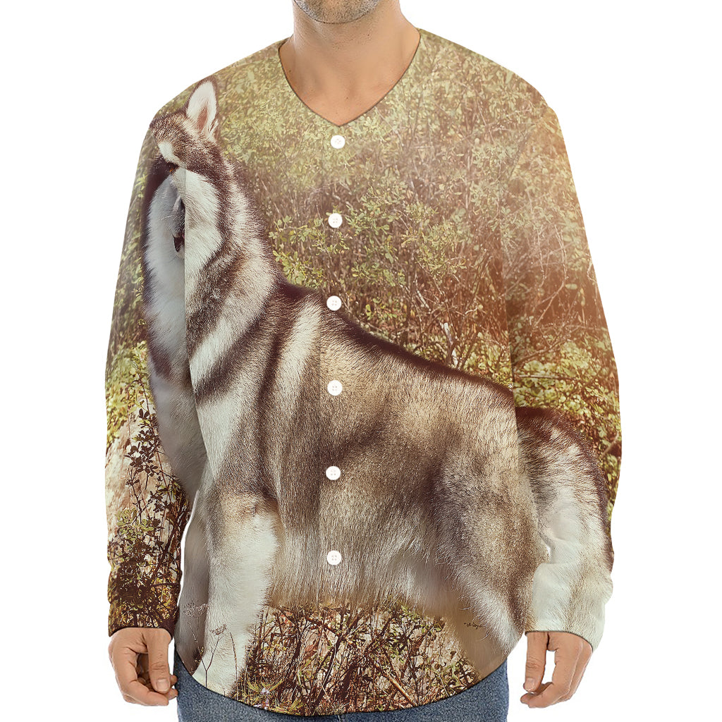 Vintage Alaskan Malamute Print Long Sleeve Baseball Jersey