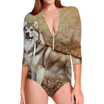 Vintage Alaskan Malamute Print Long Sleeve Swimsuit