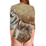 Vintage Alaskan Malamute Print Long Sleeve Swimsuit