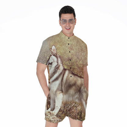 Vintage Alaskan Malamute Print Men's Rompers