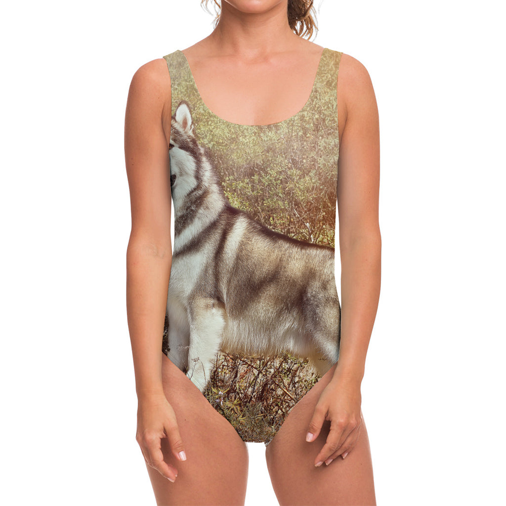 Vintage Alaskan Malamute Print One Piece Swimsuit