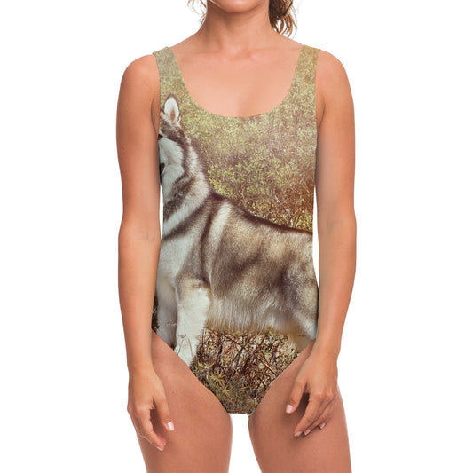 Vintage Alaskan Malamute Print One Piece Swimsuit