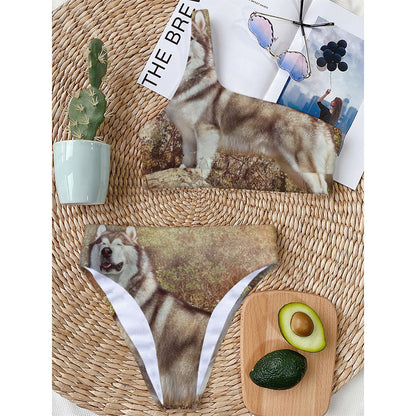 Vintage Alaskan Malamute Print One Shoulder Bikini Top