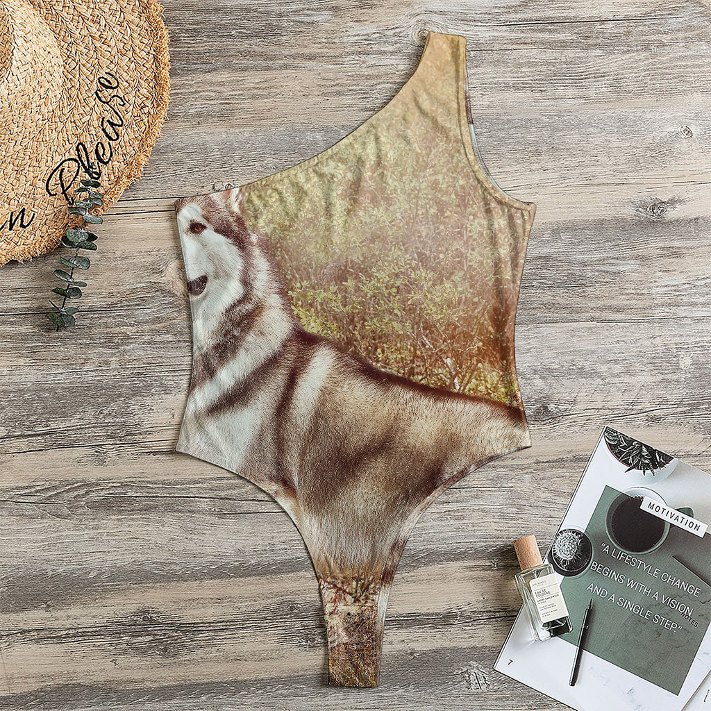 Vintage Alaskan Malamute Print One Shoulder Bodysuit