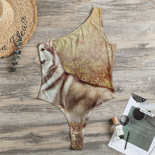 Vintage Alaskan Malamute Print One Shoulder Bodysuit