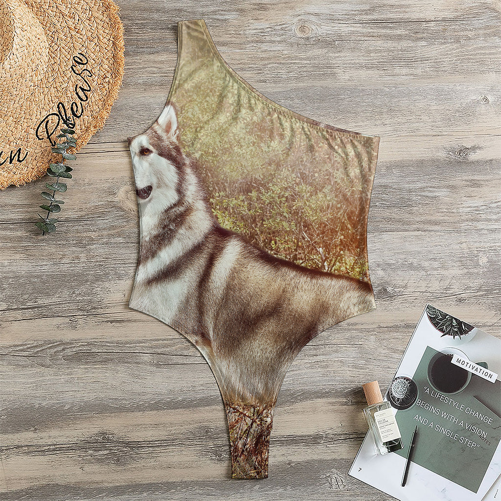 Vintage Alaskan Malamute Print One Shoulder Bodysuit