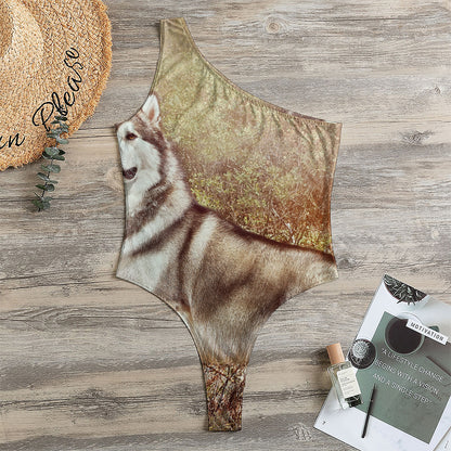 Vintage Alaskan Malamute Print One Shoulder Bodysuit